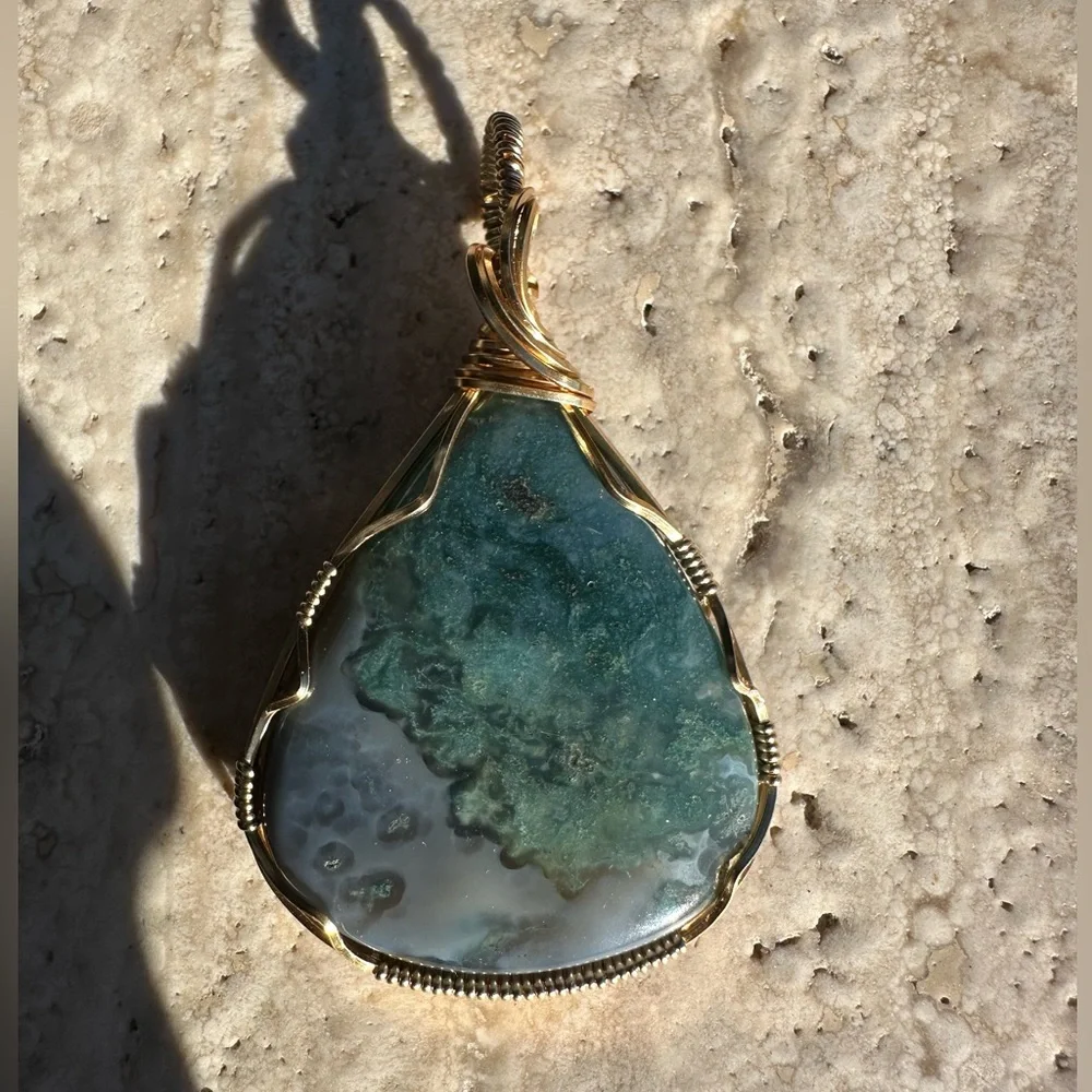Tarnish Resistant Gold Grounding Copper Moss Agate Necklace Pendant